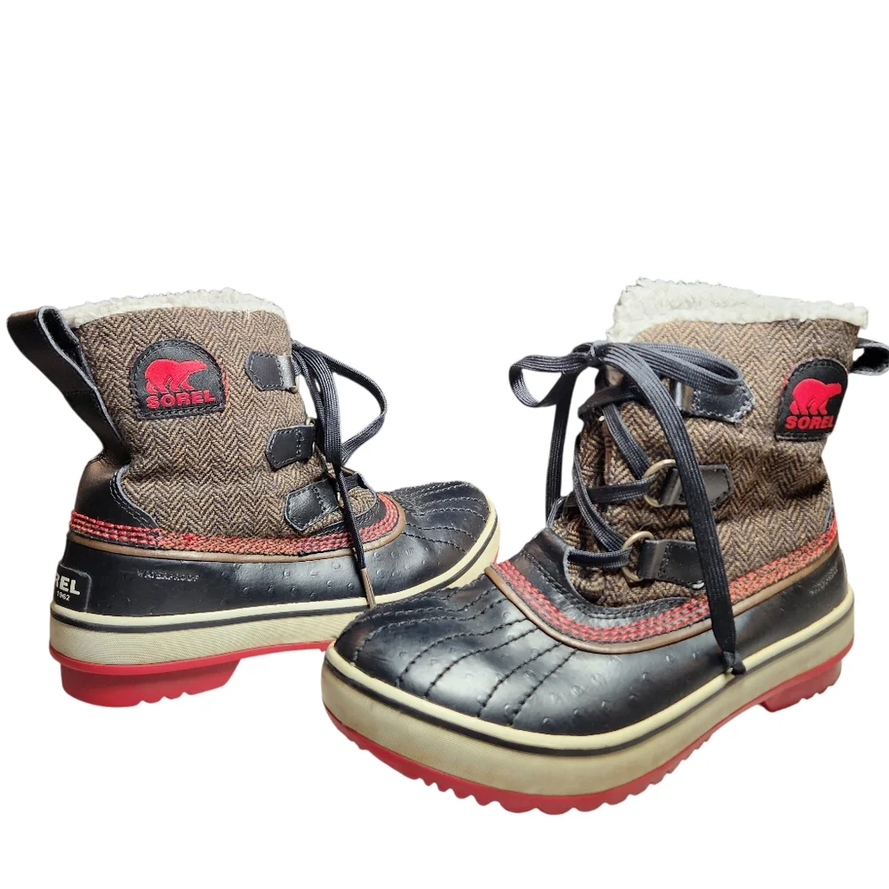 Sorel Tivoli II Herringbone Winter Snow Boot Insulated Black Fleece Duckboot 5.5